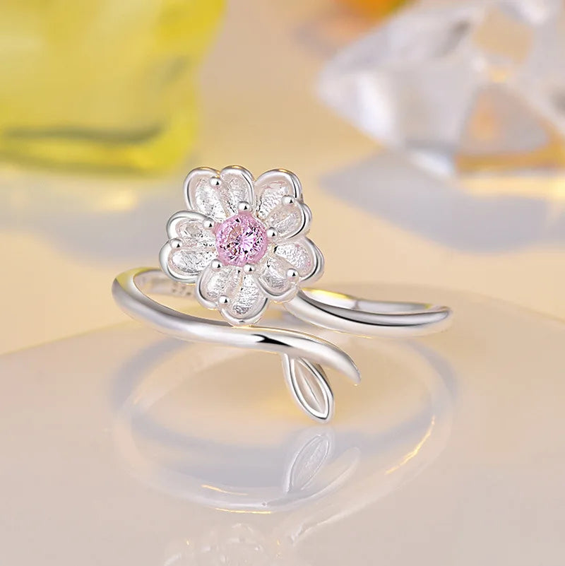 925 Sterling Silver Ring Adjustable Open Flowers Couple Engagement Rings For Women