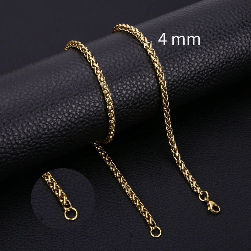 Gold Color Wheat Braided Stainless Steel Necklace Link Classic Curb Chain for Men Women Jewelry