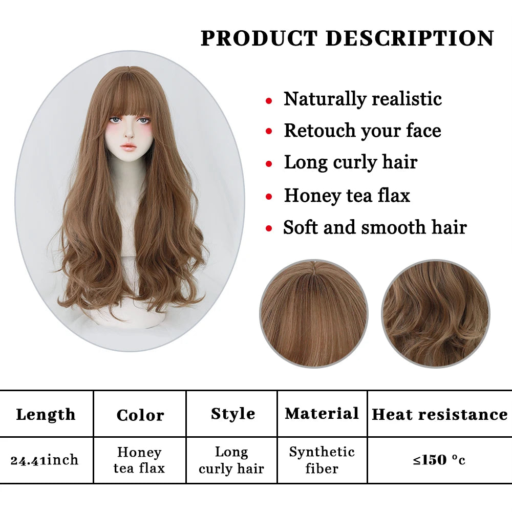 Long Curly Hair Women Wig with Bangs Daily Brown Black Pink ..