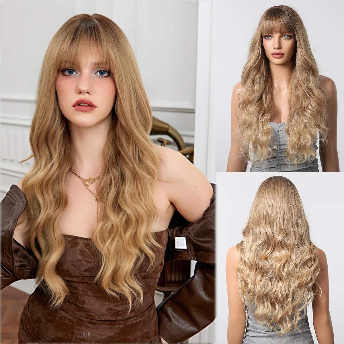 Long Wavy Curly Gray Brown Synthetic Wigs for Women