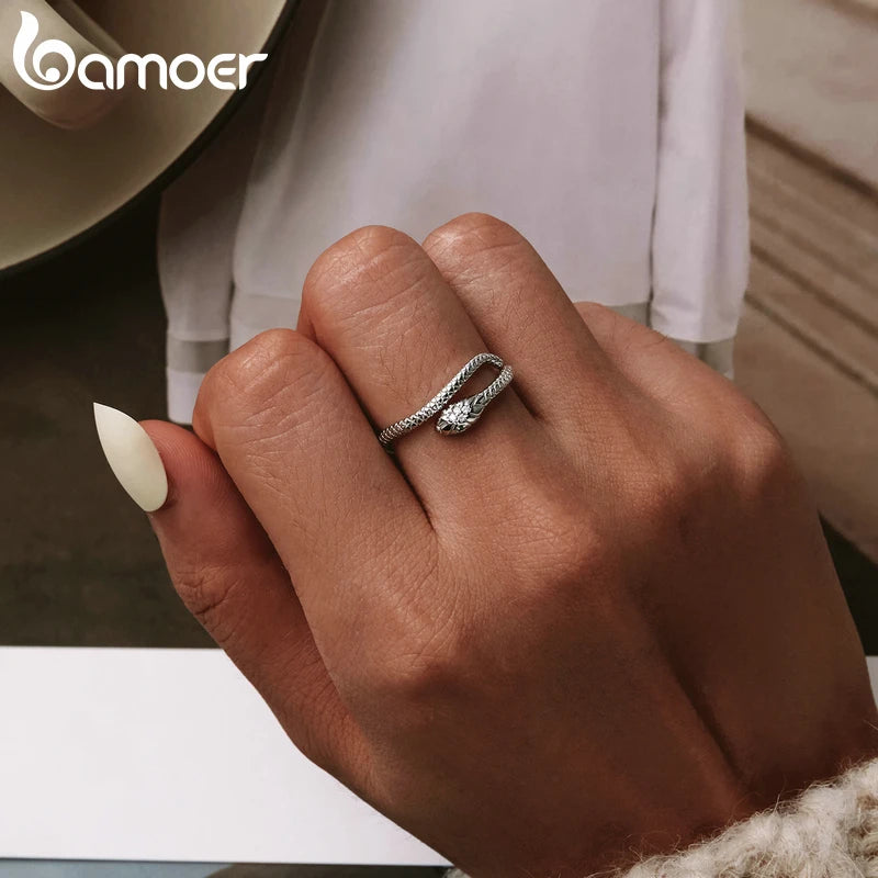 925 Sterling Silver Platinum Plated Adjustable Ring, Green Zircon Retro Textures Snake Ring