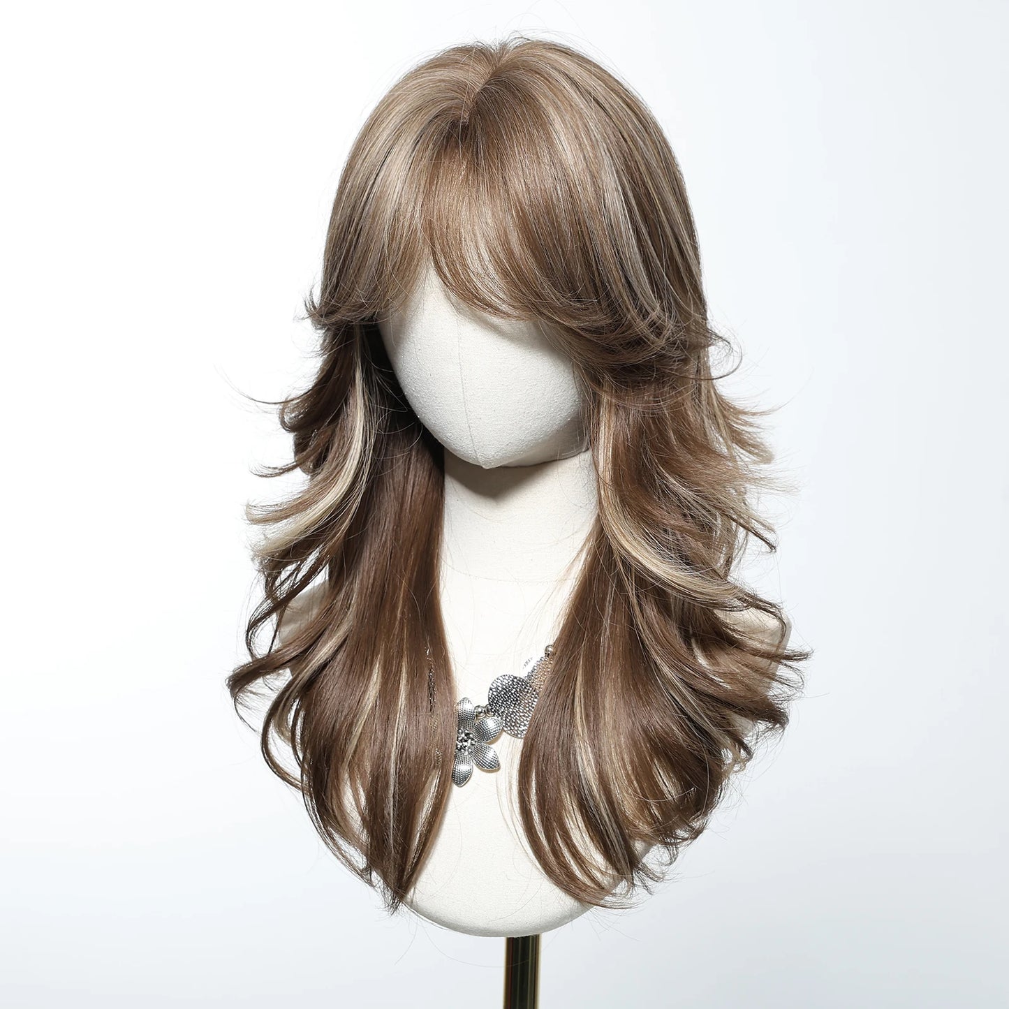 LOUIS FERRE Brown With Blonde Highlights Synthetic Wigs With Side Bangs