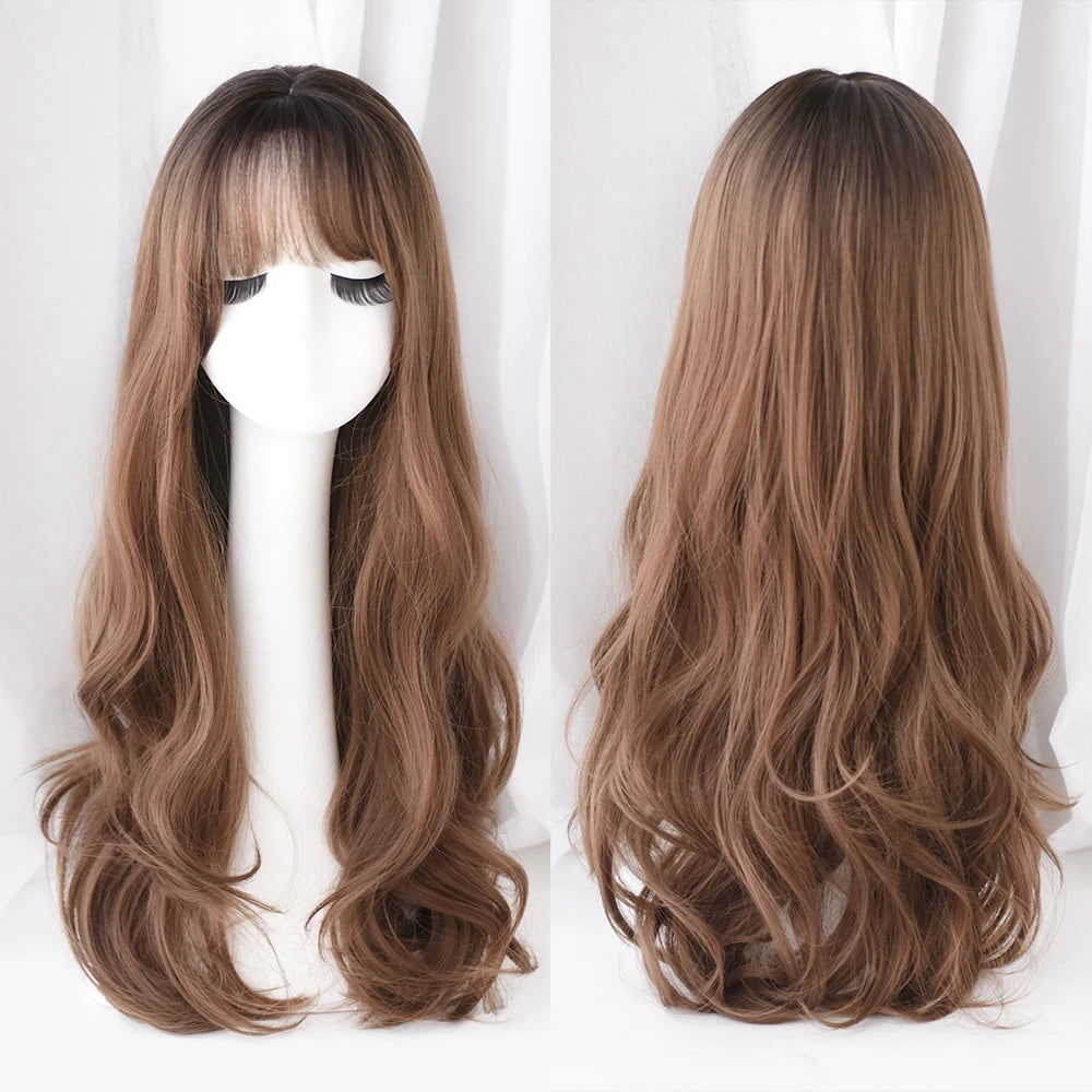 Long Curly Hair Women Wig with Bangs Daily Brown Black Pink ..