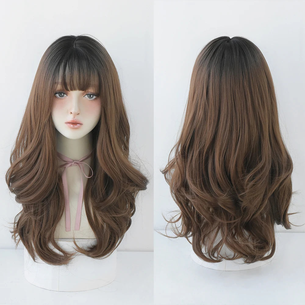Long Curly Hair Women Wig with Bangs Daily Brown Black Pink ..