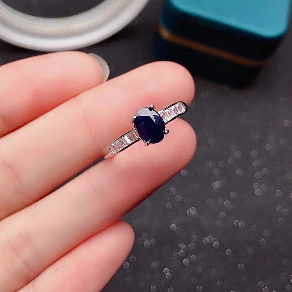 Simple Black Sapphire Silver Ring 0.7ct 6mm*7mm 100% Natural Black Sapphire Ring for Daily Wear Gift for Woman