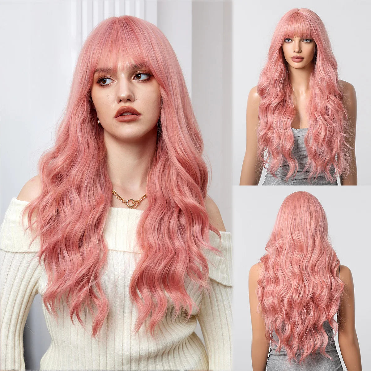 LOUIS FERRE Brown With Blonde Highlights Synthetic Wigs With Side Bangs