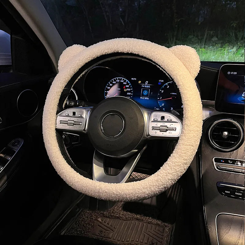 New Winter Warm Soft Plush Cartoon Bear Ear Car Interior Accessories 38cm Car Steering Wheel Cover Handble Cover