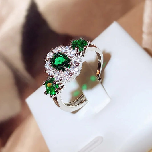 925 silver inlaid AAAAA zirconia green gemstone flowers engagement rings for women exquisite and sweet Jewelry