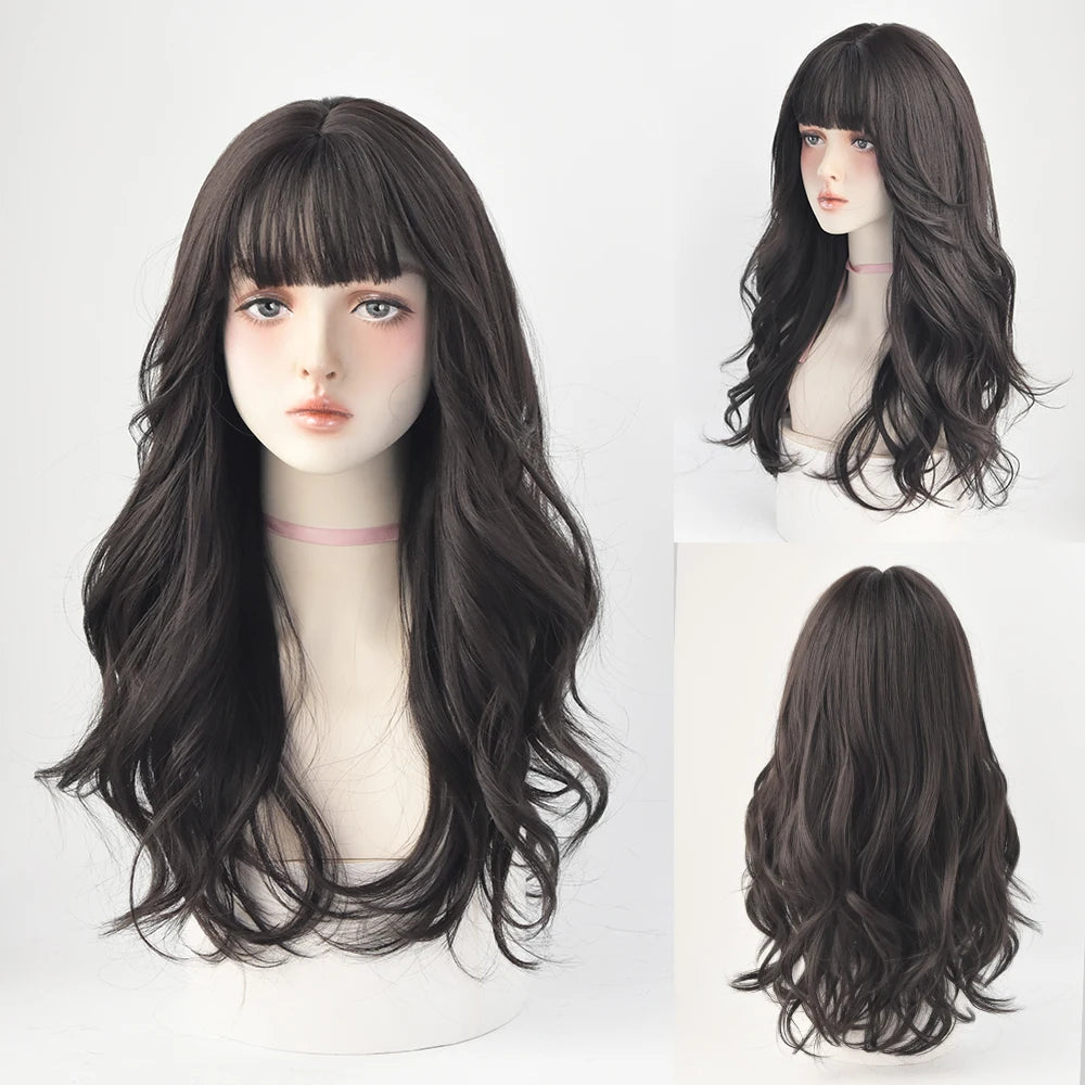 Long Curly Hair Women Wig with Bangs Daily Brown Black Pink ..