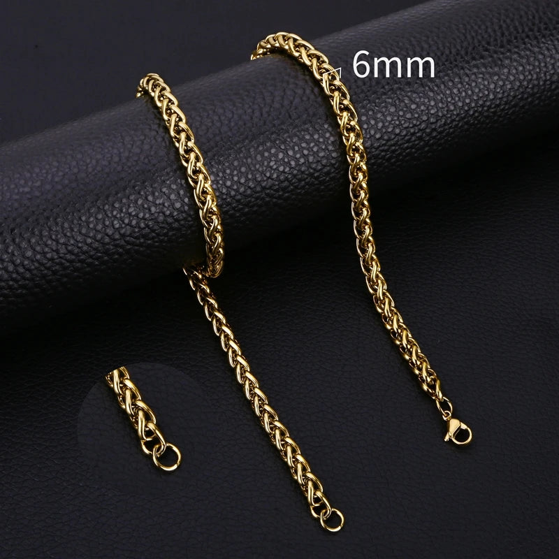 Gold Color Wheat Braided Stainless Steel Necklace Link Classic Curb Chain for Men Women Jewelry