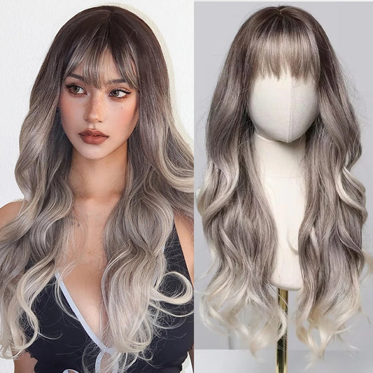 Long Wavy Curly Gray Brown Synthetic Wigs for Women