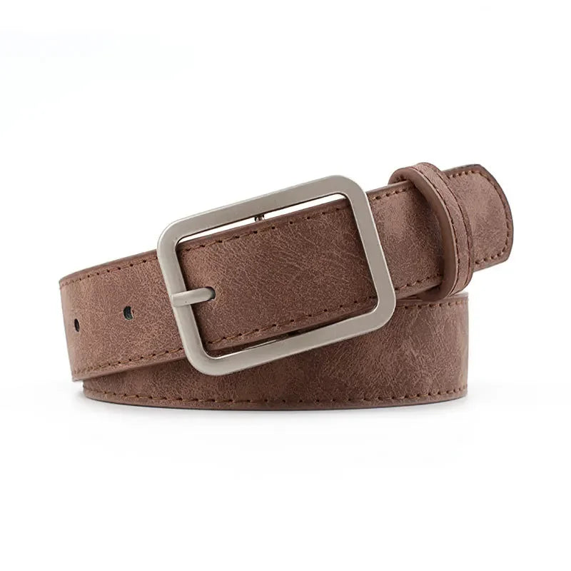 Fashion Square Pin Buckles Belts Women Silver Buckle Leather Belts