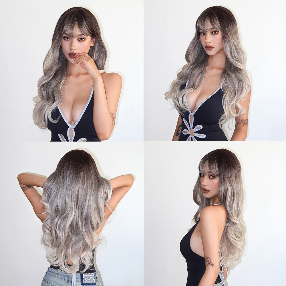 Long Wavy Curly Gray Brown Synthetic Wigs for Women