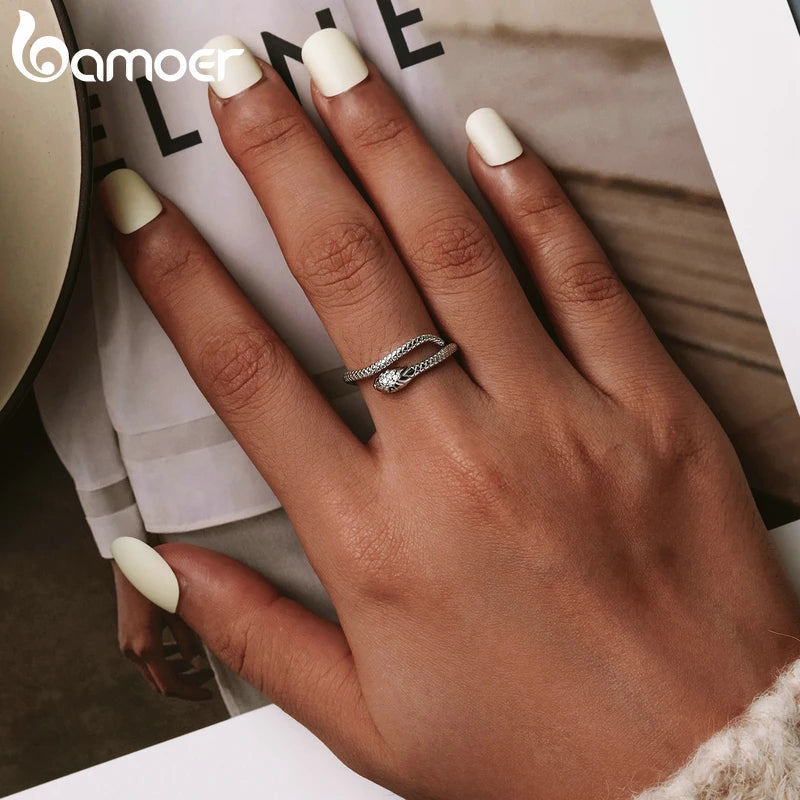 925 Sterling Silver Platinum Plated Adjustable Ring, Green Zircon Retro Textures Snake Ring