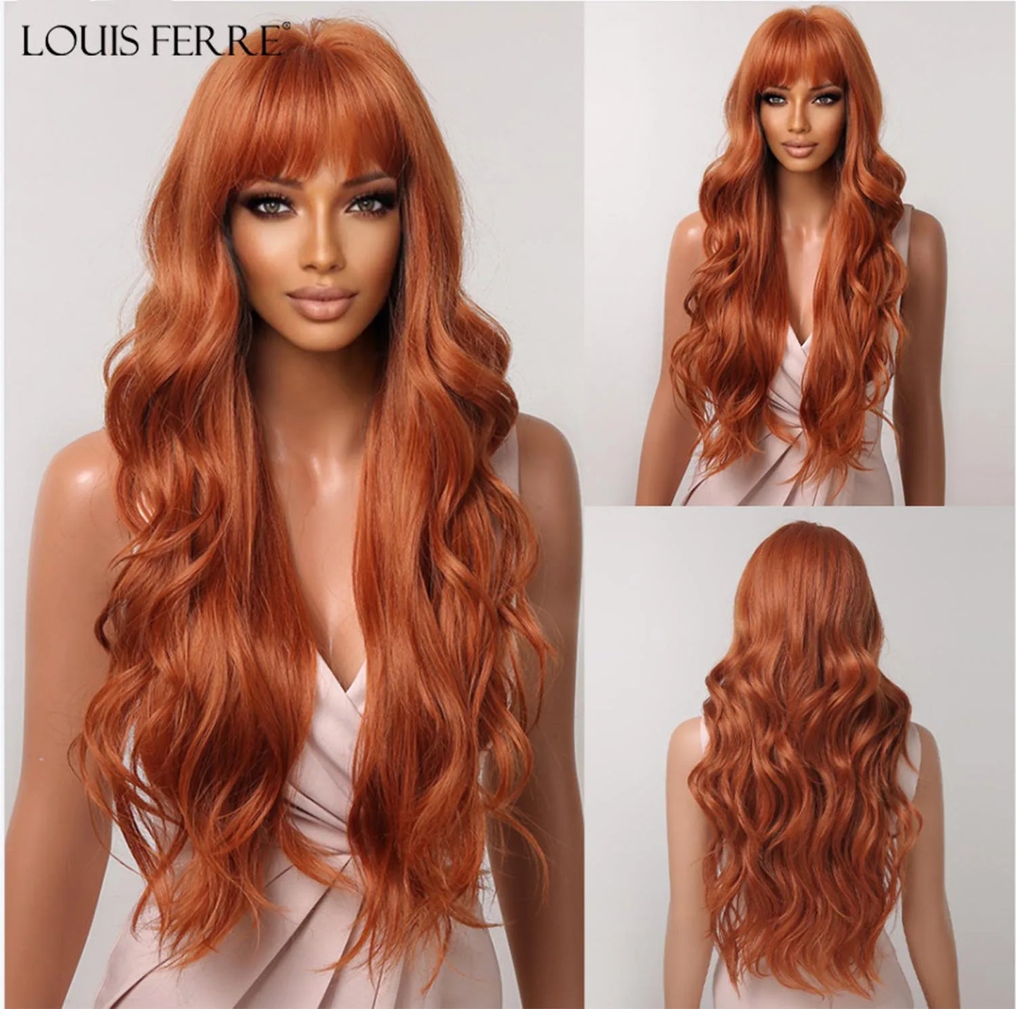 LOUIS FERRE Brown With Blonde Highlights Synthetic Wigs With Side Bangs