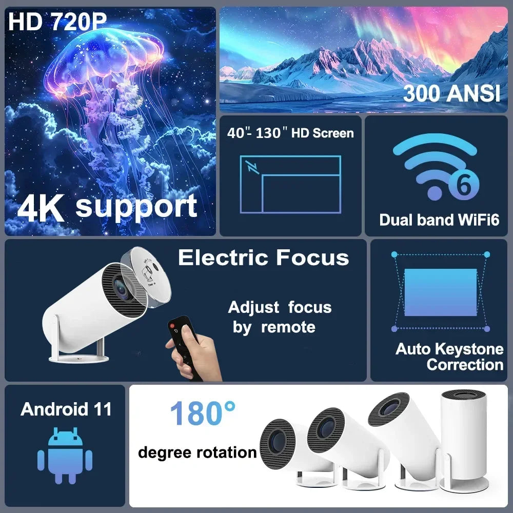 HY300 Plus Projector Android 4K 1280*720P Dual Wifi 300ANSI Video Cinema