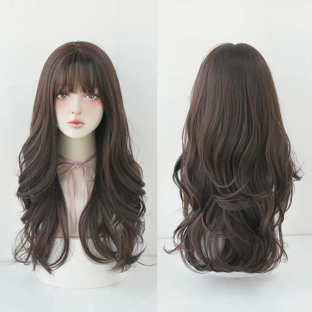 Long Curly Hair Women Wig with Bangs Daily Brown Black Pink ..