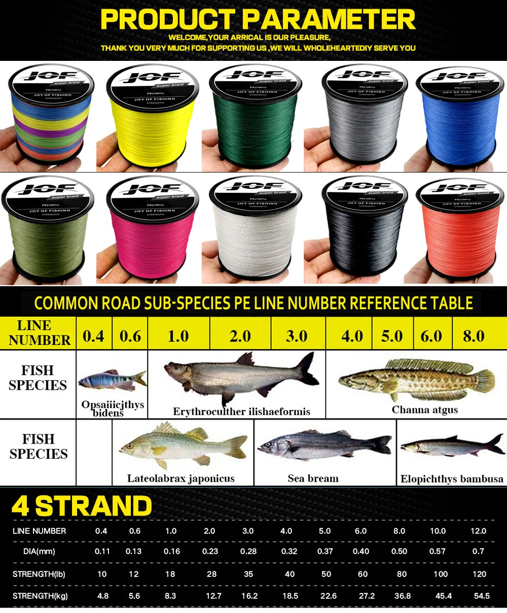 JOF 4 Strands Braided Fishing Line Multifilament 300M 500M 1000M