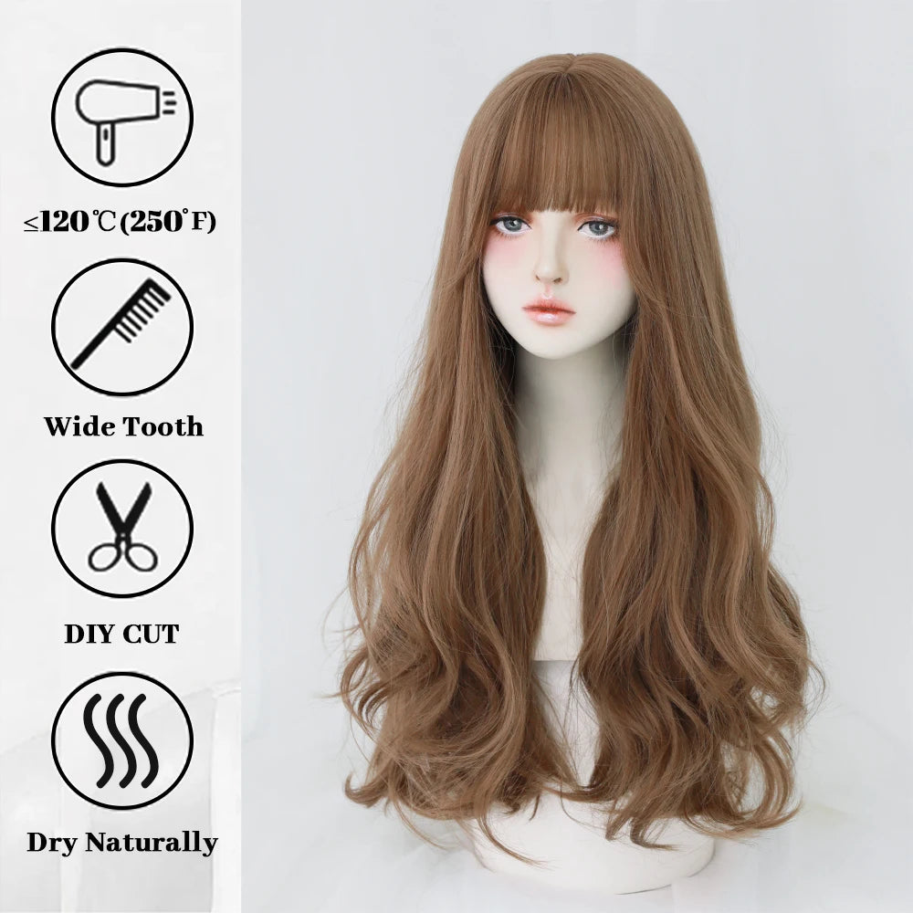 Long Curly Hair Women Wig with Bangs Daily Brown Black Pink ..