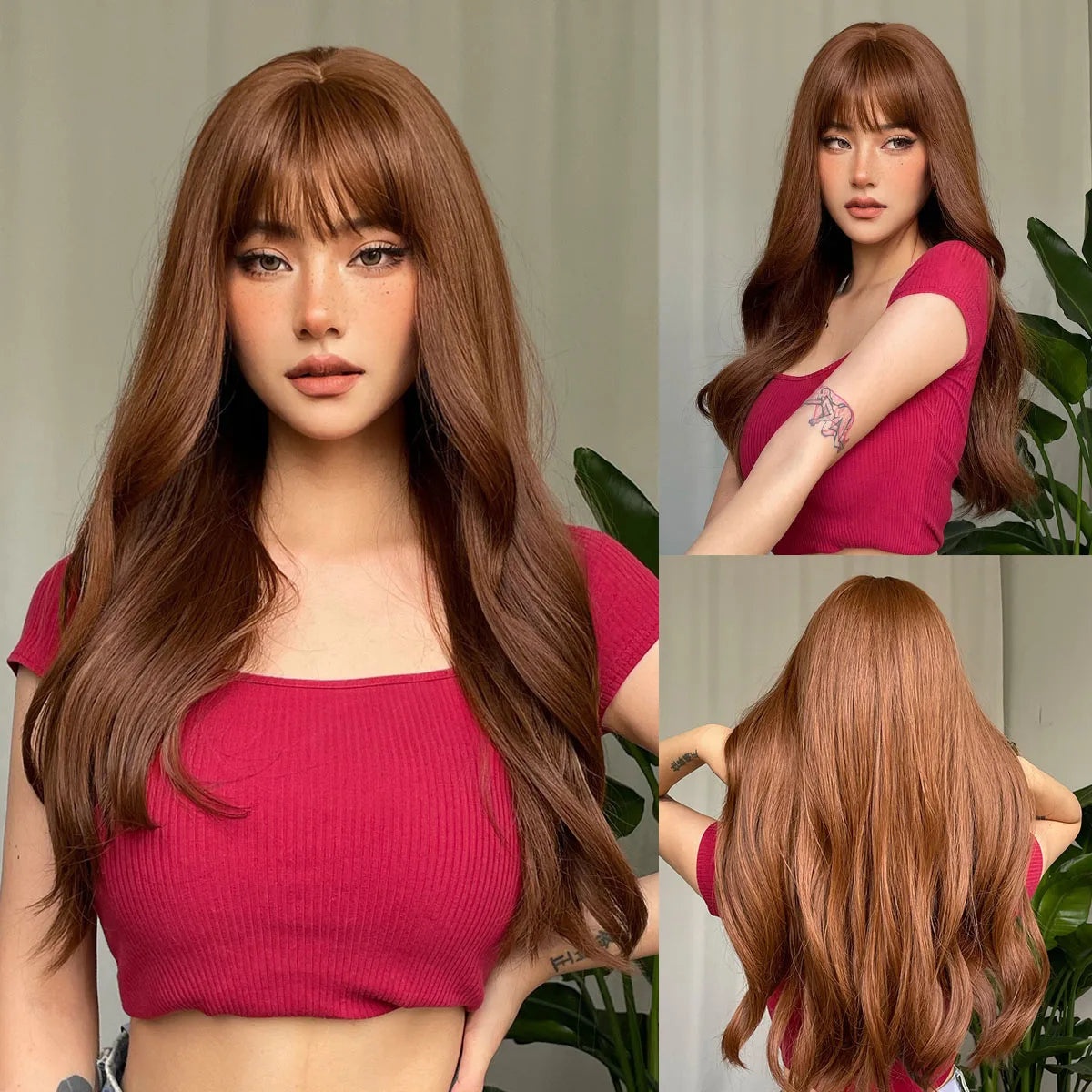 LOUIS FERRE Brown With Blonde Highlights Synthetic Wigs With Side Bangs