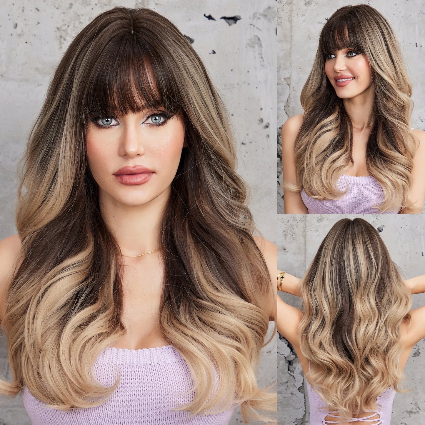Long Wavy Curly Gray Brown Synthetic Wigs for Women