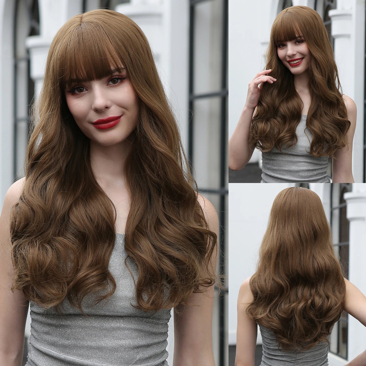 LOUIS FERRE Brown With Blonde Highlights Synthetic Wigs With Side Bangs
