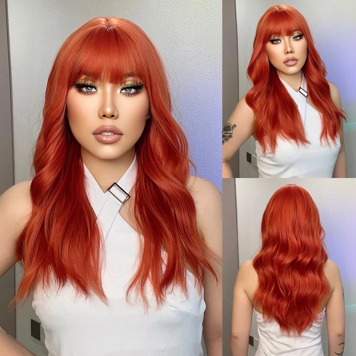 LOUIS FERRE Brown With Blonde Highlights Synthetic Wigs With Side Bangs