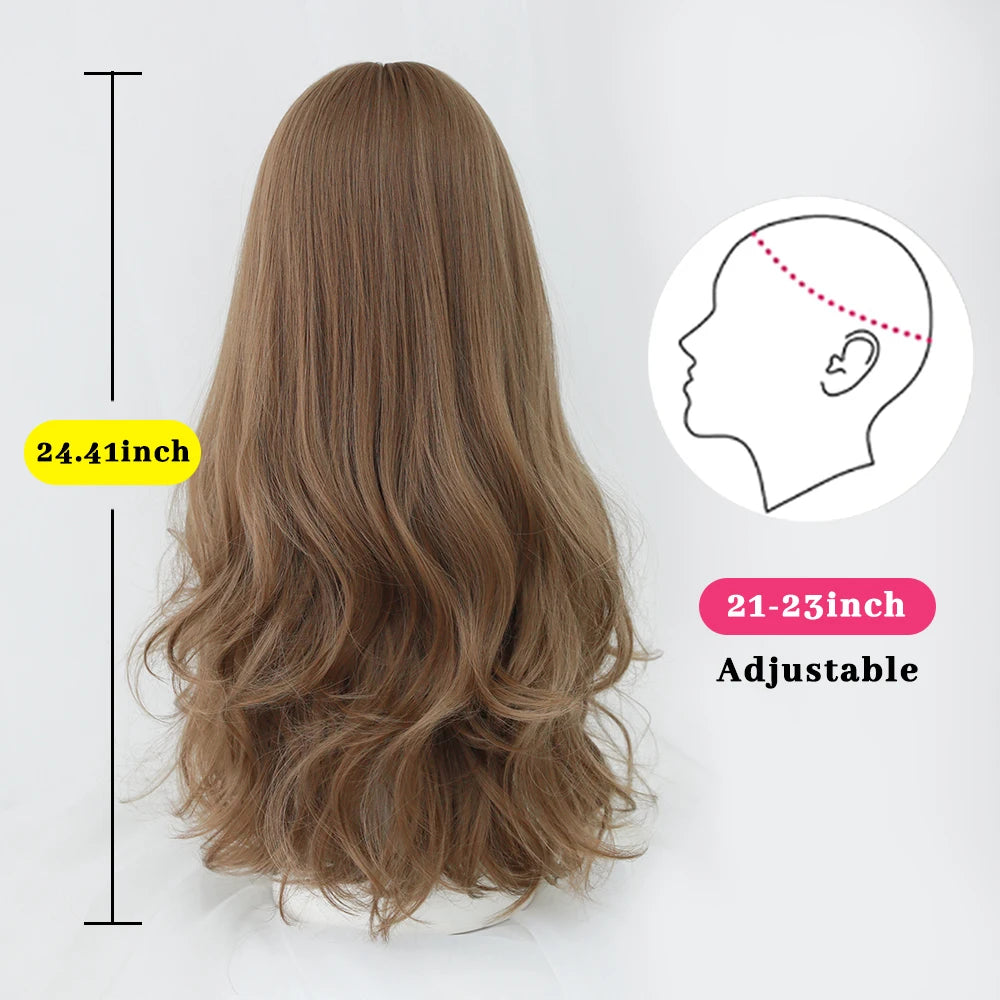 Long Curly Hair Women Wig with Bangs Daily Brown Black Pink ..