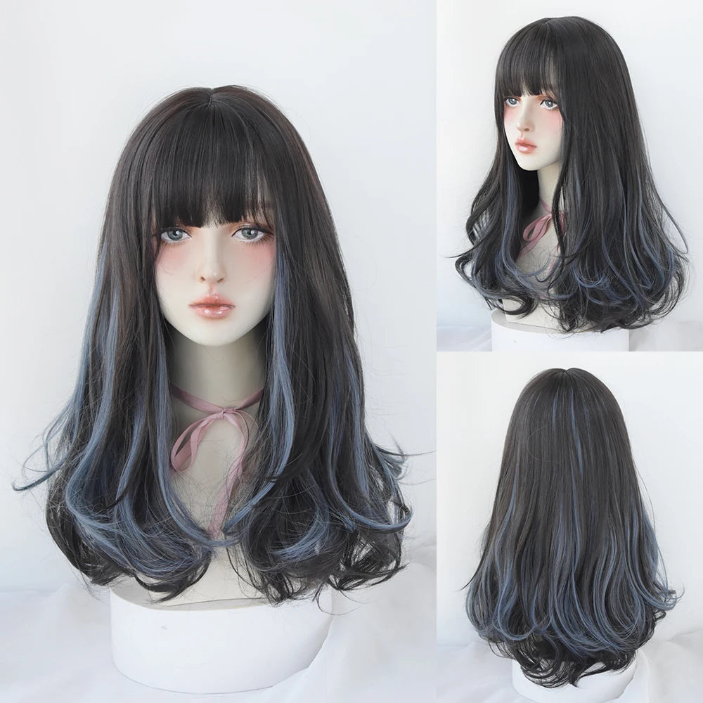 Long Curly Hair Women Wig with Bangs Daily Brown Black Pink ..