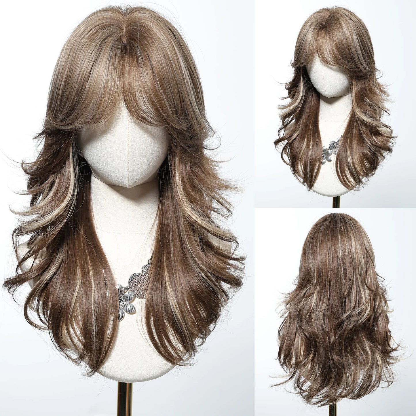 LOUIS FERRE Brown With Blonde Highlights Synthetic Wigs With Side Bangs