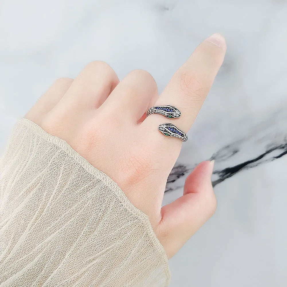 100% 925 Sterling Silver Rings For Women Snake Shape Green Eye