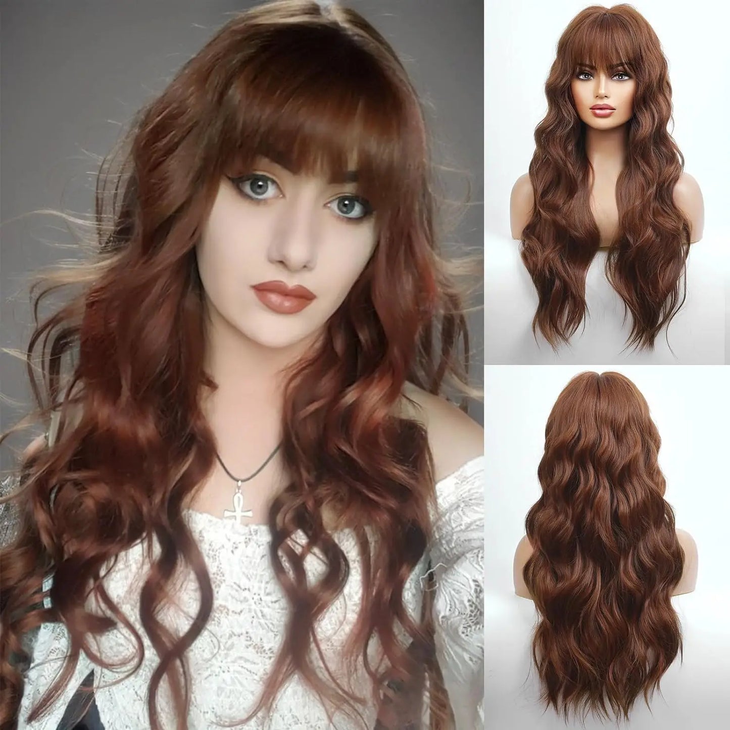 Long Wavy Curly Gray Brown Synthetic Wigs for Women