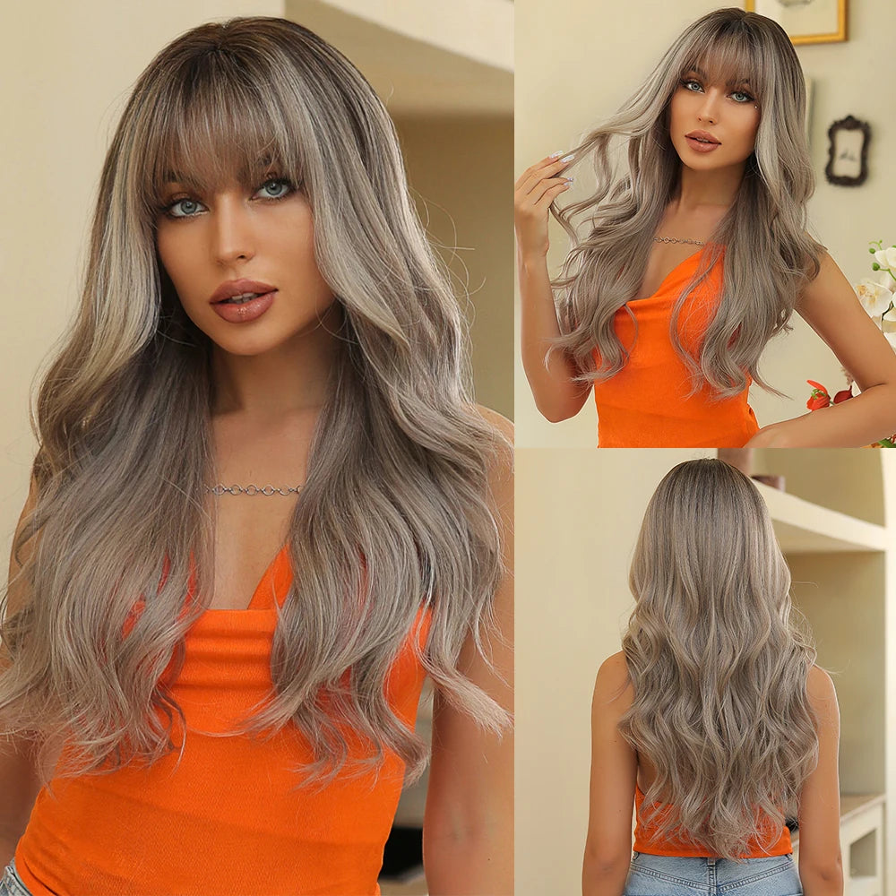 LOUIS FERRE Brown With Blonde Highlights Synthetic Wigs With Side Bangs