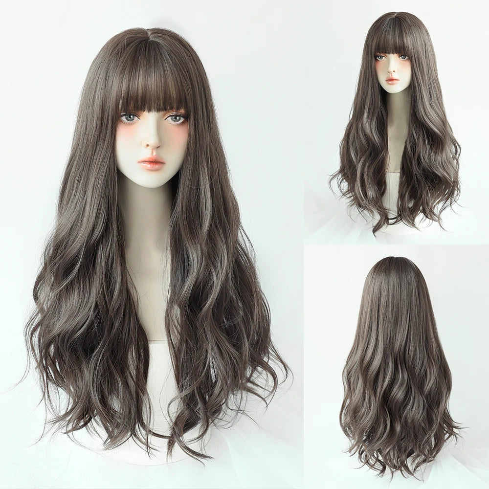 Long Curly Hair Women Wig with Bangs Daily Brown Black Pink ..