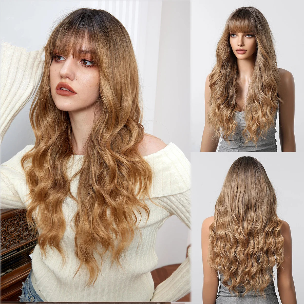LOUIS FERRE Brown With Blonde Highlights Synthetic Wigs With Side Bangs