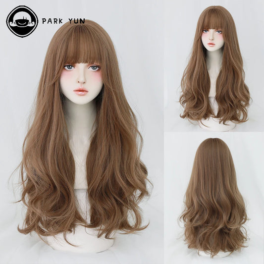 Long Curly Hair Women Wig with Bangs Daily Brown Black Pink ..