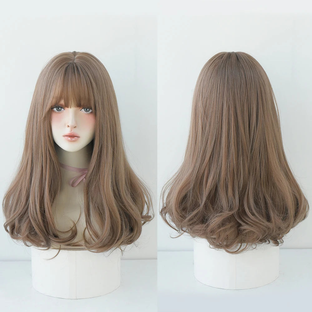 Long Curly Hair Women Wig with Bangs Daily Brown Black Pink ..