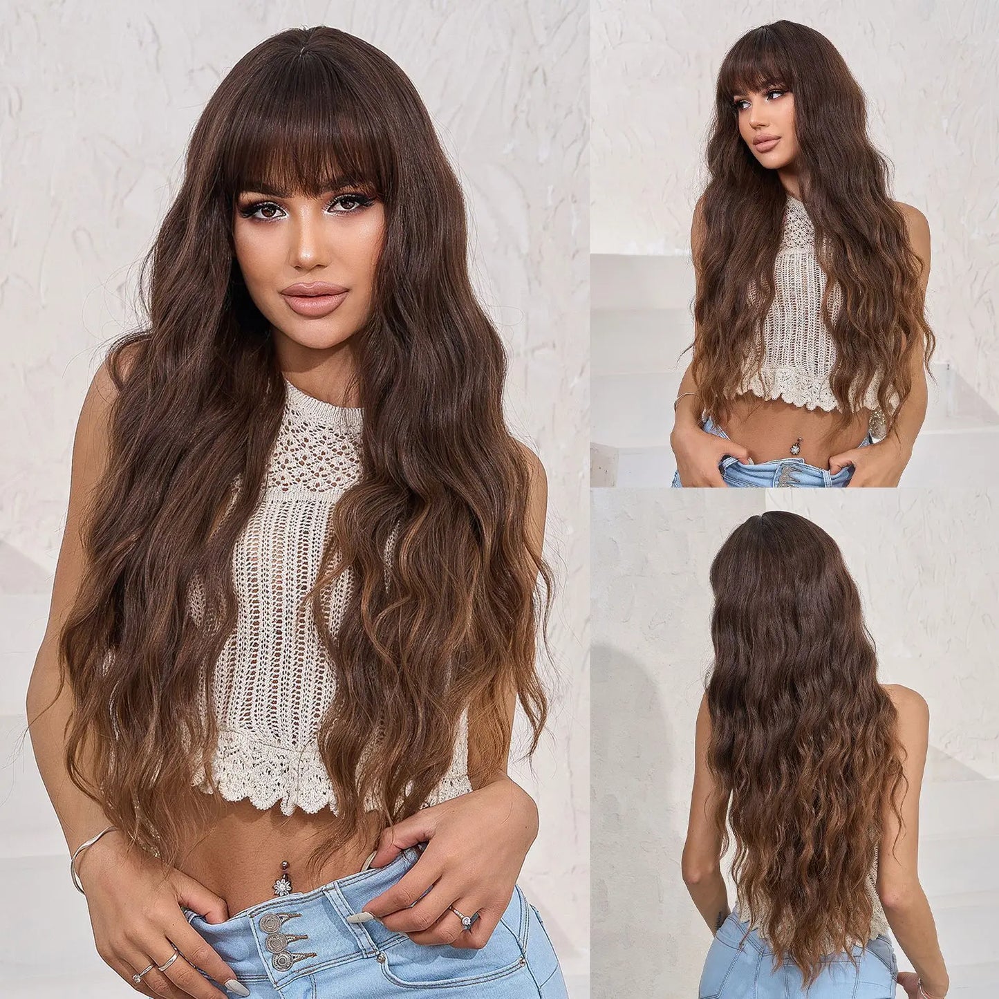 Long Wavy Curly Gray Brown Synthetic Wigs for Women