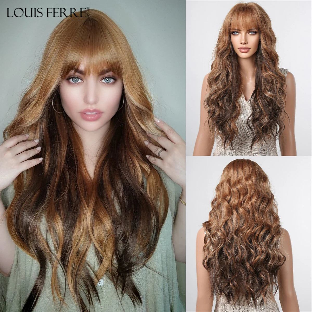 LOUIS FERRE Brown With Blonde Highlights Synthetic Wigs With Side Bangs
