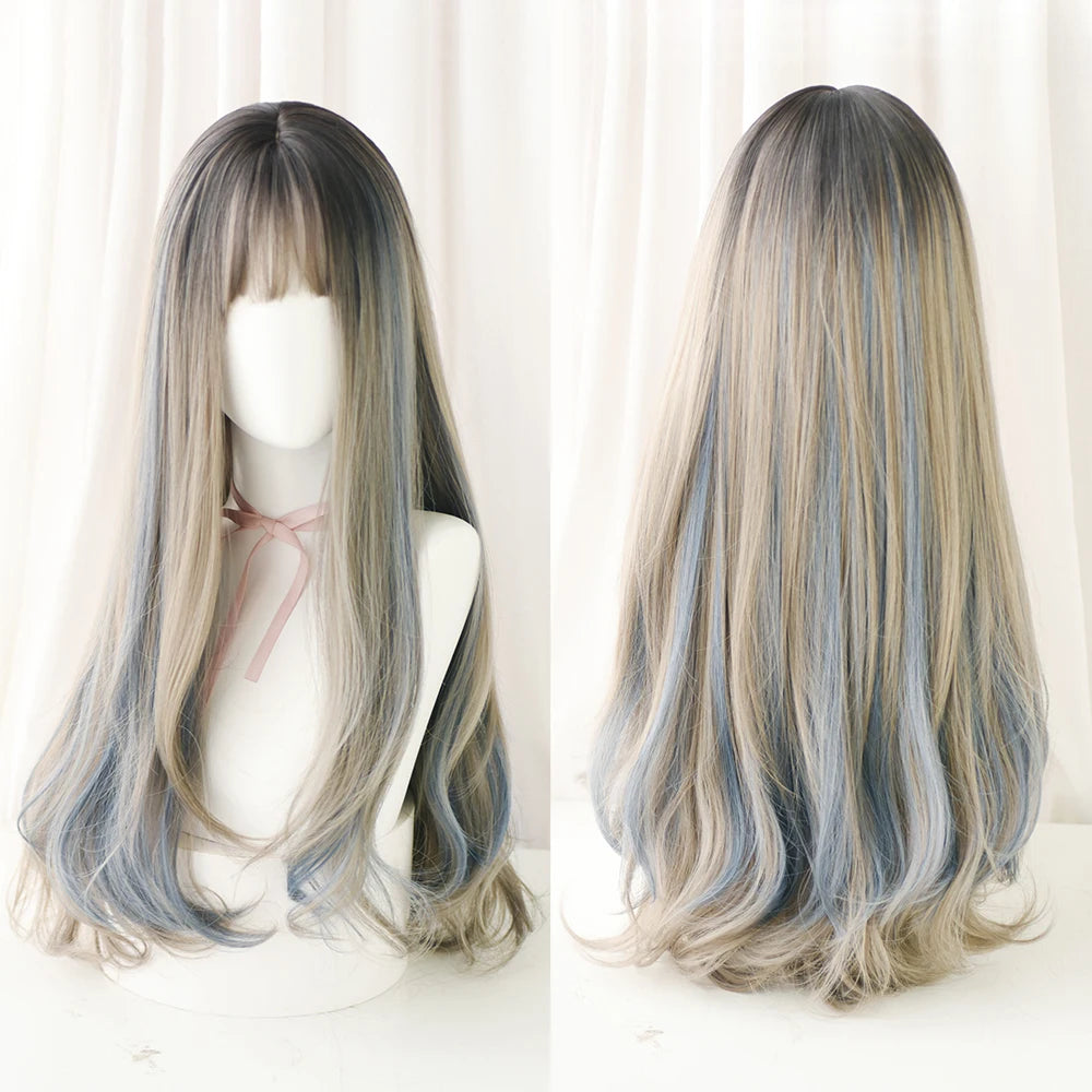 Long Curly Hair Women Wig with Bangs Daily Brown Black Pink ..