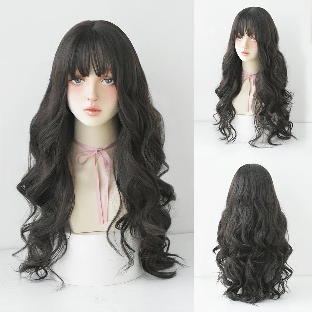 Long Curly Hair Women Wig with Bangs Daily Brown Black Pink ..