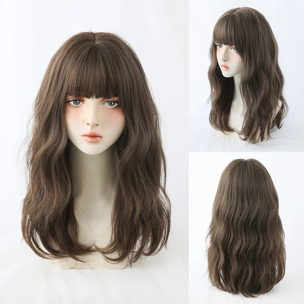 Long Curly Hair Women Wig with Bangs Daily Brown Black Pink ..