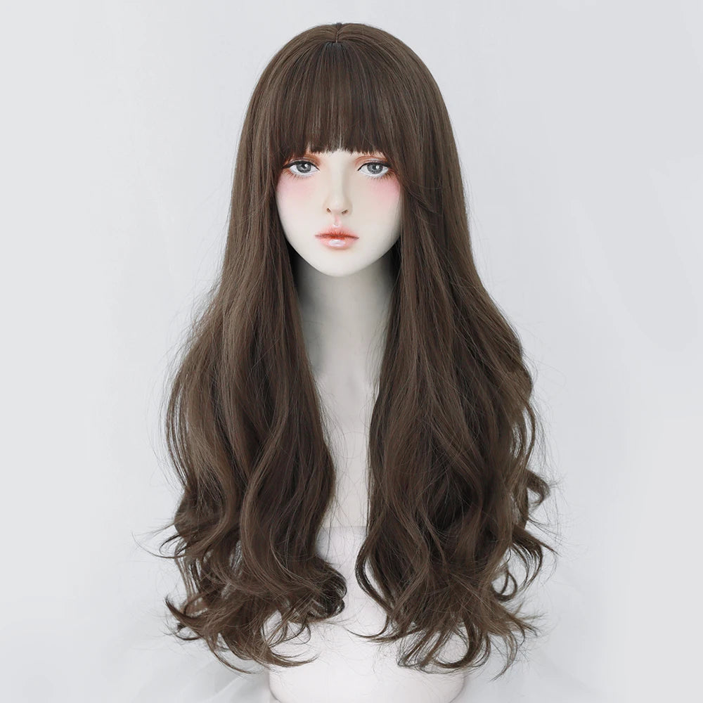 Long Curly Hair Women Wig with Bangs Daily Brown Black Pink ..