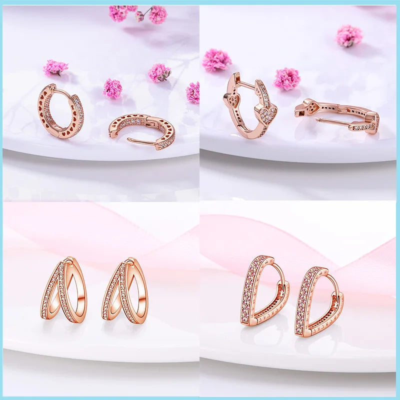 925 Sterling Silver Rose Gold Heart Geometric Pave CZ