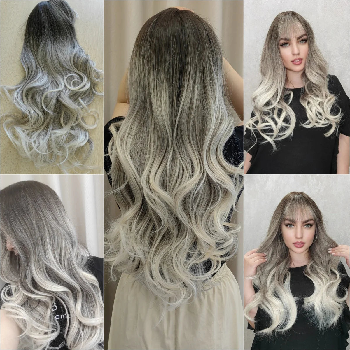 Long Wavy Curly Gray Brown Synthetic Wigs for Women