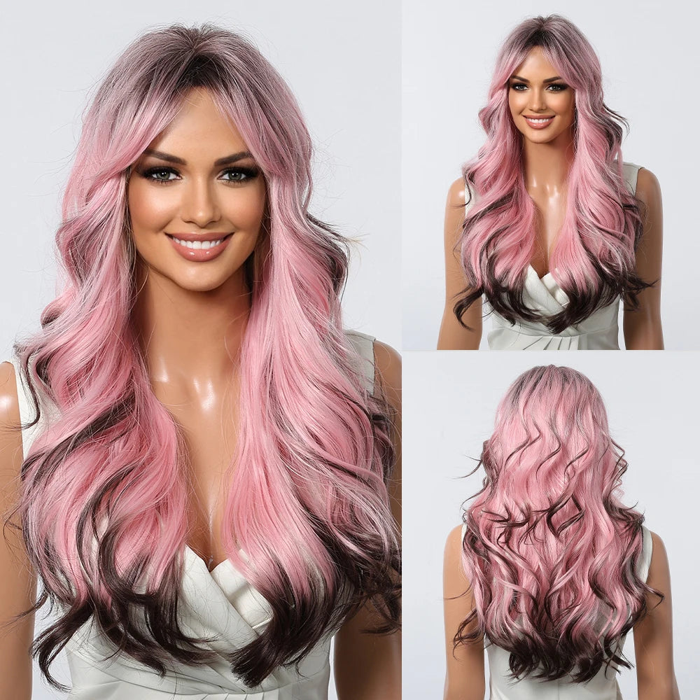 LOUIS FERRE Brown With Blonde Highlights Synthetic Wigs With Side Bangs