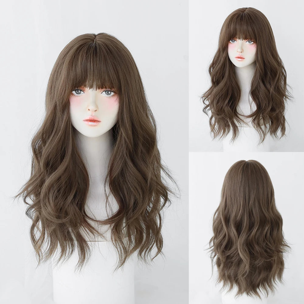 Long Curly Hair Women Wig with Bangs Daily Brown Black Pink ..