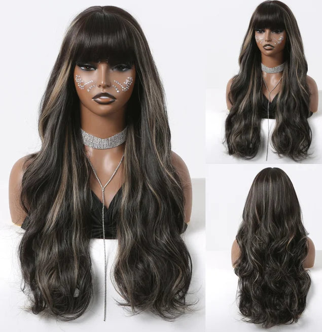 Long Wavy Curly Gray Brown Synthetic Wigs for Women