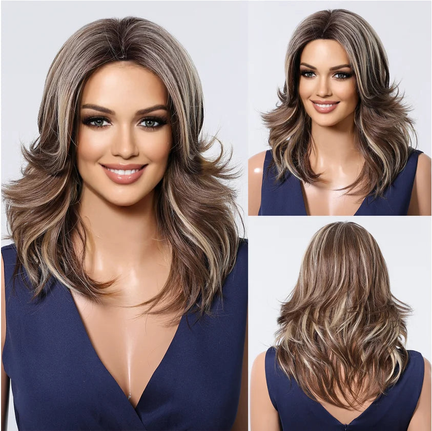 LOUIS FERRE Brown With Blonde Highlights Synthetic Wigs With Side Bangs