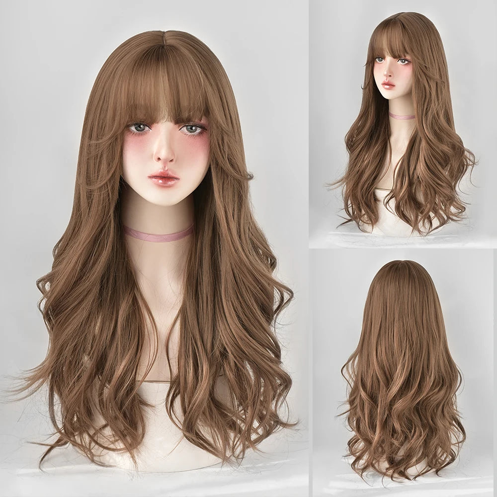 Long Curly Hair Women Wig with Bangs Daily Brown Black Pink ..